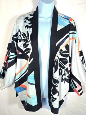 Chico's Kimono Sz M Reversible Silky Floral Black White Polka Dot Long Sleeve